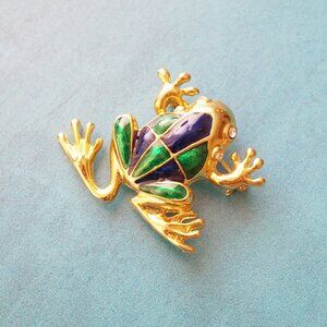 Vintage 1980s Frog Brooch – Blue & Green Enamel with Rhinestone Accents